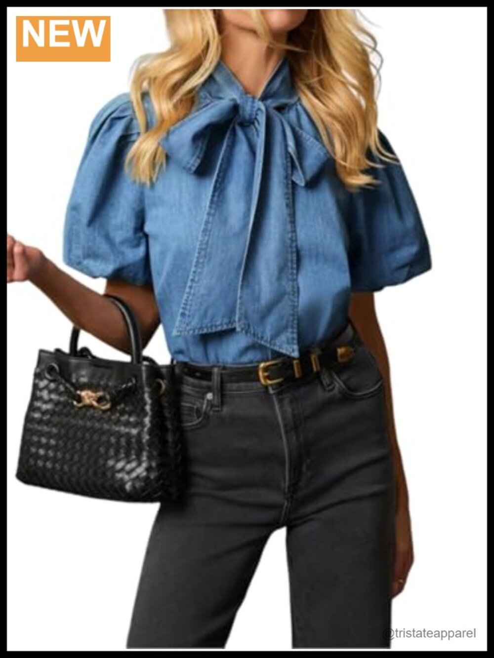Denim Shirt Women Button Down Puff Sleeve Blouse Y2k Tie Neck Top